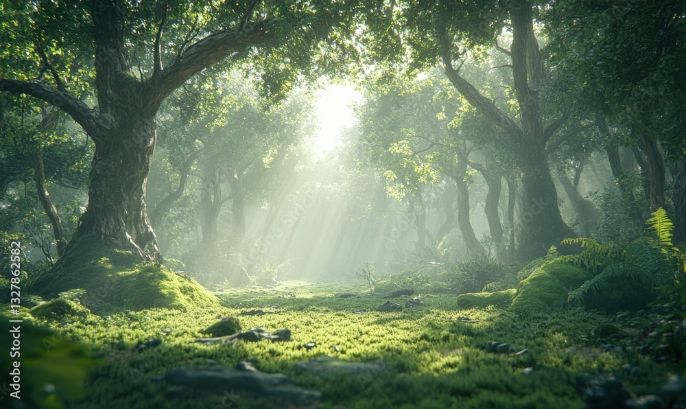 Morning fog rolling through a dense forest, with sunlight streaming through the trees and soft moss covering the ground, creating a magical woodland scene. Morning fog rolling through a dense forest, with sunlight streaming through the trees and soft moss covering the ground, creating a magical woodland scene.