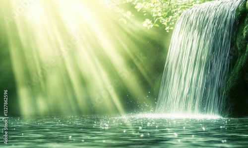 Waterfall cascading into serene pool with sunlight streaming through trees.
