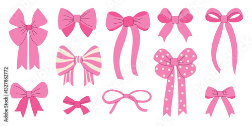 Set of pink bows in different styles. Cute decorative ribbon elements, perfect for gift wrapping, fashion, and festive designs. Flat vector illustration isolated on white background.