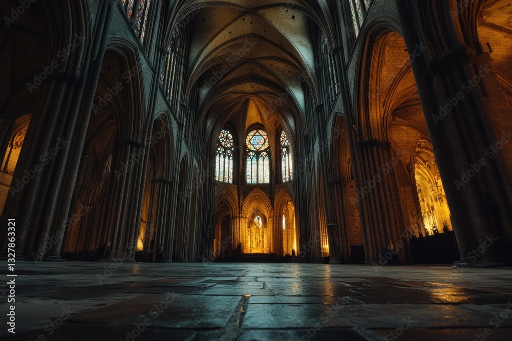 Fototapeta premium Majestic cathedral interior, gothic architecture, stained glass windows, stone floor.