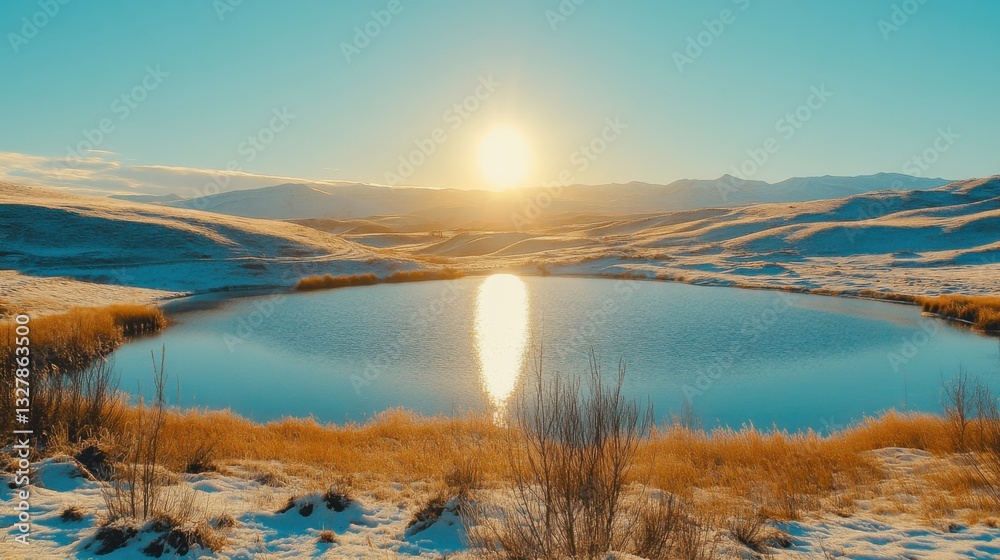Serene Winter Lake with Snowy Mountain Background