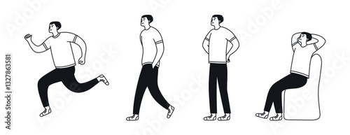 Male doodle character, change from rest to movement. Man sitting, standing, walking and running. Activity and relaxation. Vector linear illustration