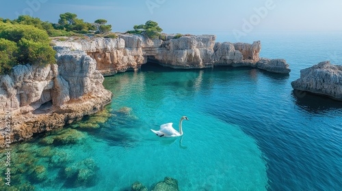 Fototapeta Naklejka Na Ścianę i Meble -  Swan in turquoise cove