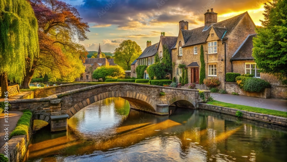 Naklejka premium Idyllic Cotswold Village: Bourton-on-Water's Picturesque River and Stone Bridges - High-Resolution Stock Photo
