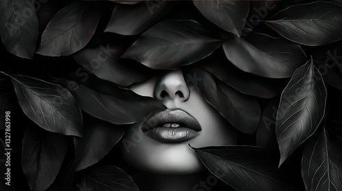   A photo of a woman's face partially obscured by foliage, her eyes shut