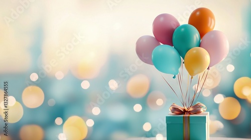   A gift box with a bunch of balloons sitting on a table in front of a blurry background
