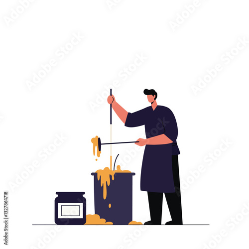 Person stirring paint in a container with flat design elements in vector illustration