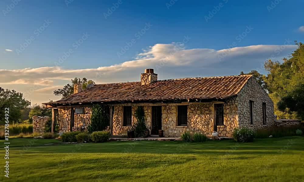 Stone ranch house sunset landscape, grassy field, rural setting, idyllic home Stone ranch house sunset landscape, grassy field, rural setting, idyllic home