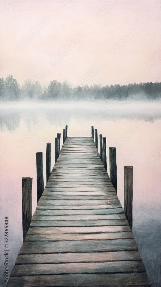 Fototapeta premium Pier into Serenity, A Lakeside Dock on a Misty Morning Landscape