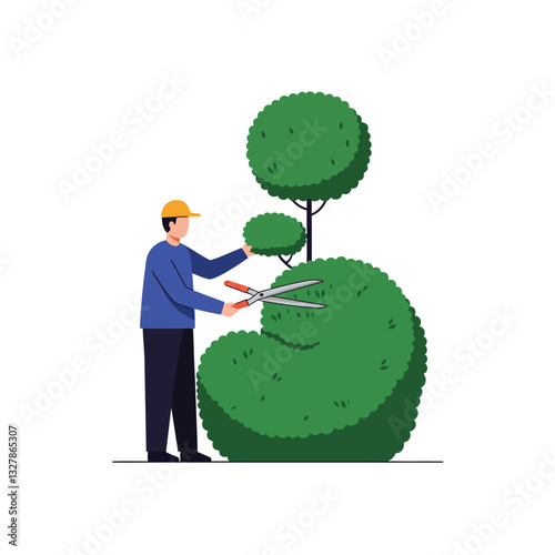 Gardener trimming bushes in a detailed flat vector illustration of tree maintenance