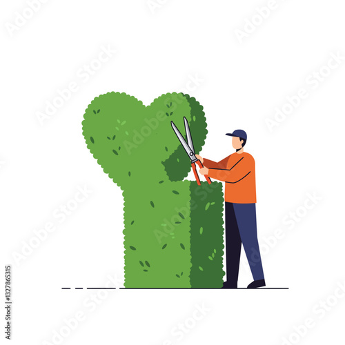 Gardener trimming a bush in a minimal and colorful style vector illustration