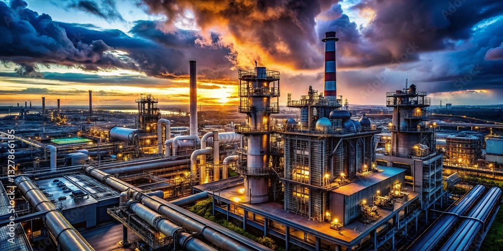 Illuminated Industrial Complex at Dusk - Aerial View of Pipes and Machinery Illuminated Industrial Complex at Dusk - Aerial View of Pipes and Machinery