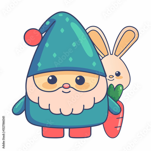 Cute gnome character with bunny companion fantasy setting digital illustration whimsical environment playful concept