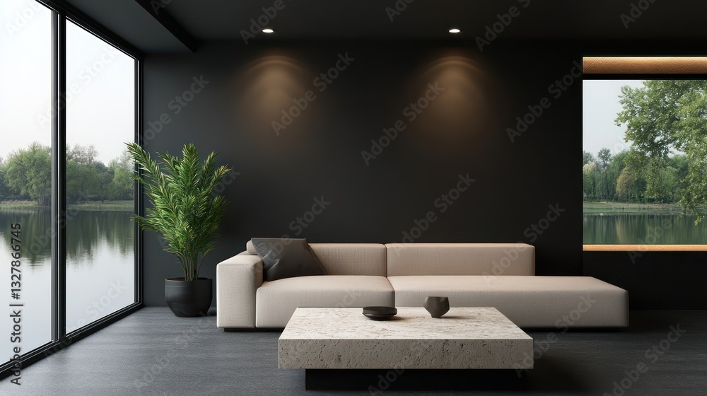 Obraz premium A modern minimalist living room with matte black walls and a light fabric sofa