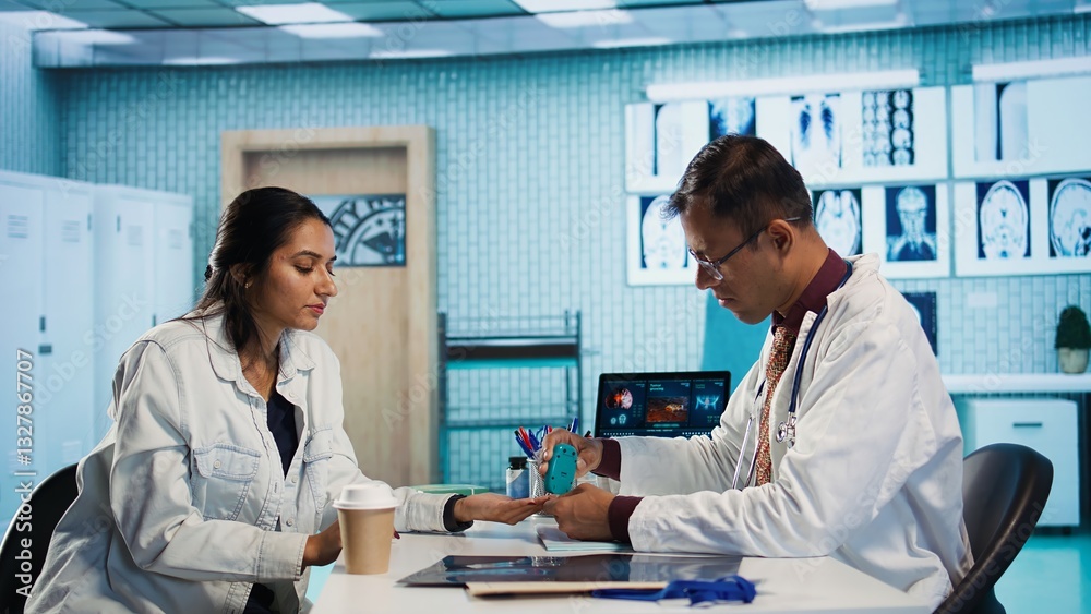 Fototapeta premium Indian physician prepares insulin pen for patient injection during a clinic visit, treating diabetes. Medic discusses disease diagnostic reports in a professional cabinet, gives advice. Camera B.