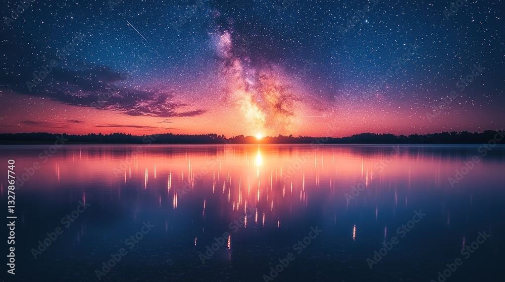 Fototapeta premium Milky Way galaxy rising over calm lake at sunset.