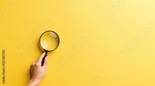  A hand holding a magnifying glass over a yellow background