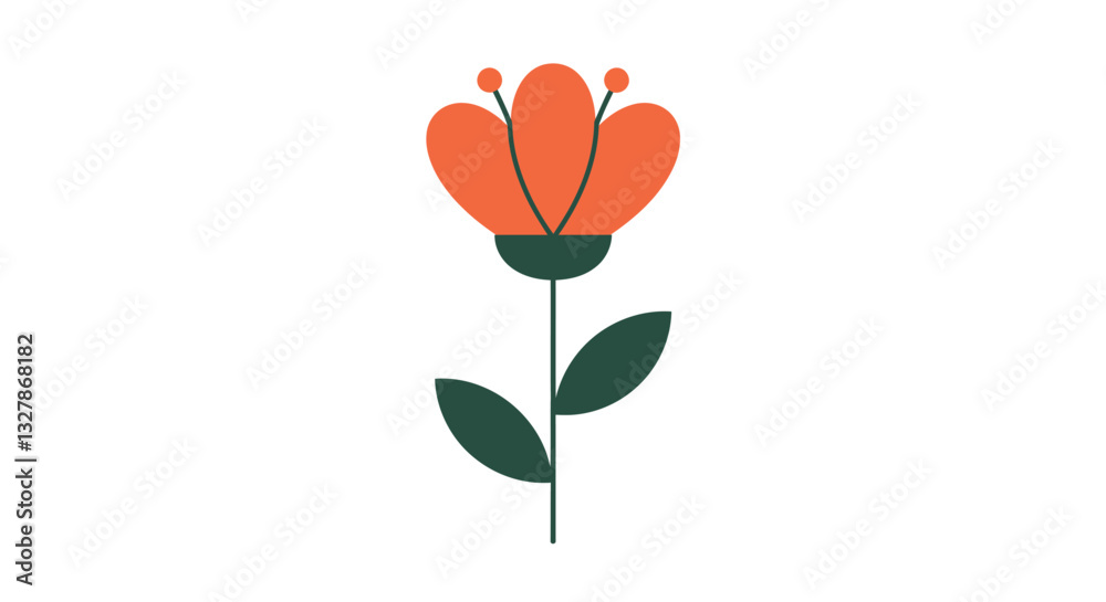 Simple flower design in flat style featuring vibrant orange petals and green leaves vector art Simple flower design in flat style featuring vibrant orange petals and green leaves vector art