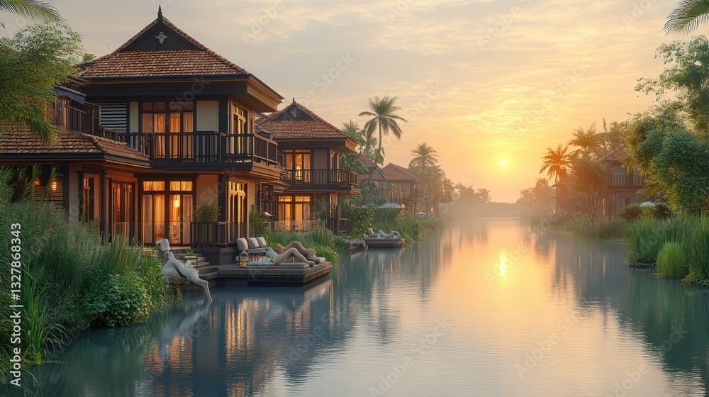 Tranquil canal-side villas at dawn Tranquil canal-side villas at dawn