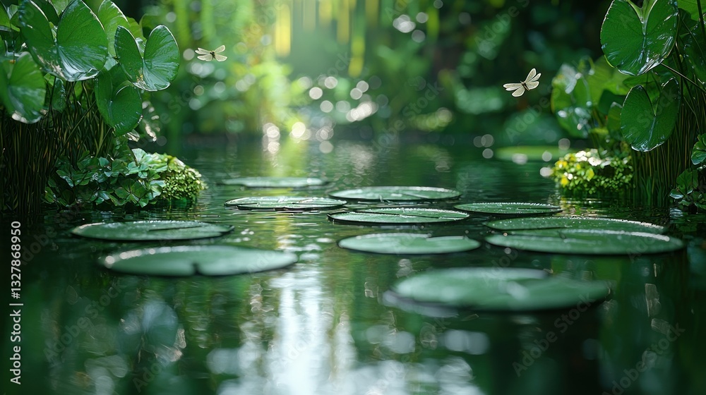Naklejka premium Serene pond with lily pads, lush greenery, and sunlight filtering through leaves.
