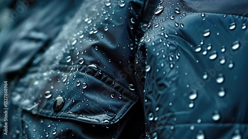 Close-up of a jacket adorned with water droplets, adding a sleek and modern touch. Ai Generated.