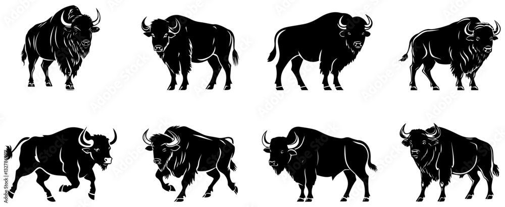 Naklejka premium Buffalo and Bison Silhouettes, Powerful Wild Animal Vector Illustrations