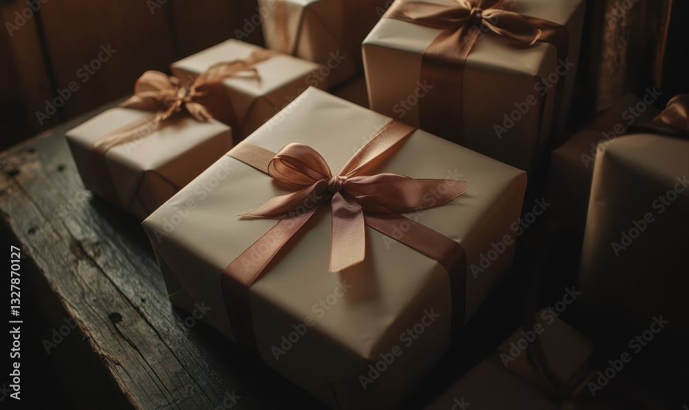 Minimalist flat lay of wrapped holiday gifts in neutral tones adorned with elegant ribbons, placed on a rustic wooden surface illuminated by warm light Minimalist flat lay of wrapped holiday gifts in neutral tones adorned with elegant ribbons, placed on a rustic wooden surface illuminated by warm light