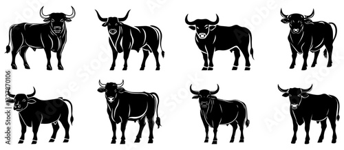 Set of Bull and Cow Silhouettes, Farm Animal Vector Illustrations