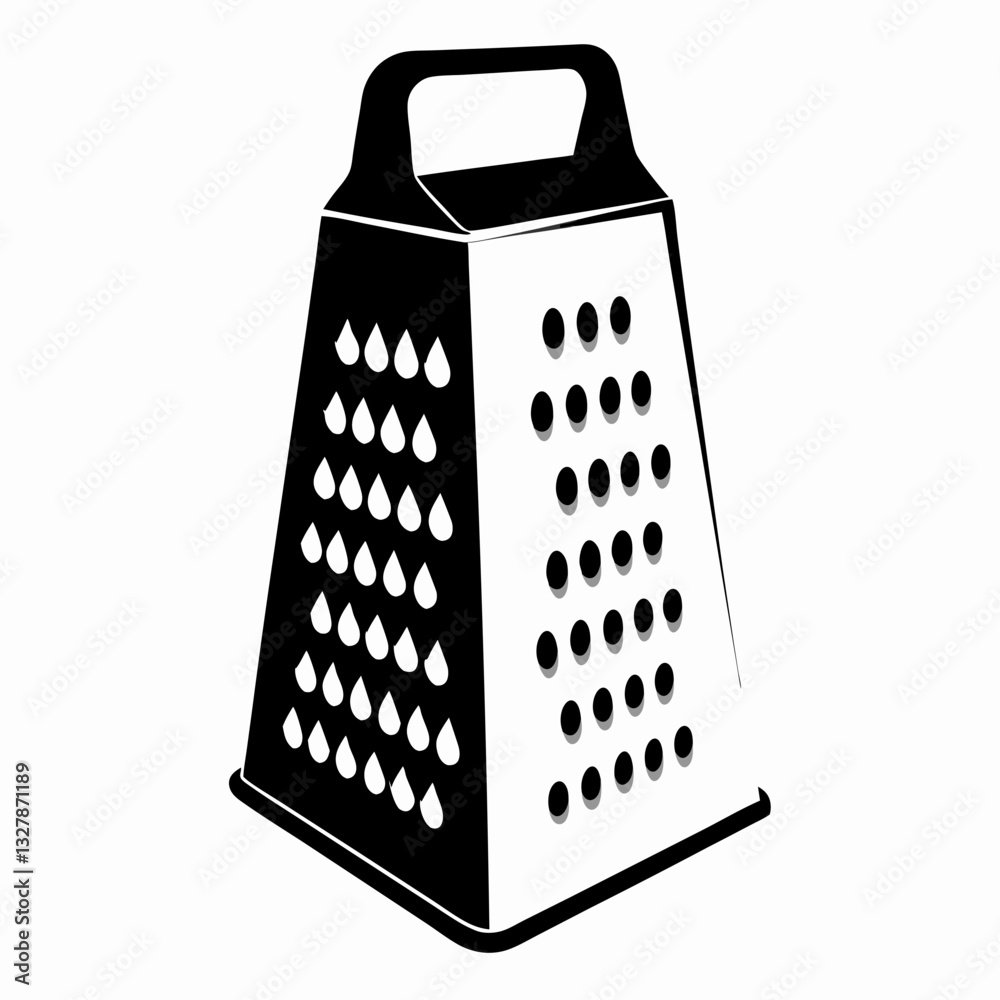 Box grater illustration shows handle and various-sized holes on white background. Simple iconic style perfect for recipe visualization. Concept: kitchen tools, cooking preparation, culinary equipment. Box grater illustration shows handle and various-sized holes on white background. Simple iconic style perfect for recipe visualization. Concept: kitchen tools, cooking preparation, culinary equipment.