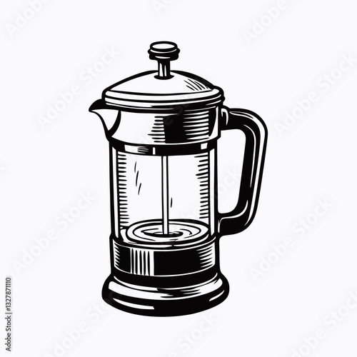 French press coffee maker illustrated in vintage engraving style against white background. Black and white line art with fine detailing showcases brewing vessel's elegant design Concept coffee culture