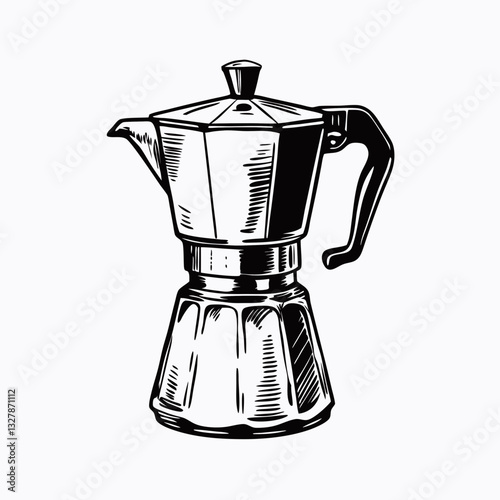 Detailed line drawing of stovetop espresso maker in vintage advertisement style. Technical illustration of Moka pot with clear structural features on white background. Concept: coffee culture, Italian