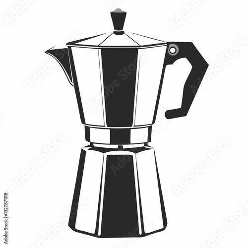 Metallic moka pot with high contrast lines and polished look evokes traditional coffee brewing. Concept: gourmet coffee brand, appliance ads, kitchenware shop.