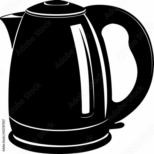 Electric kettle silhouette shown in three-quarter view with spout, handle and base. Simple graphic style with minimalist details. Concept: kitchen appliances, beverage preparation, household essential
