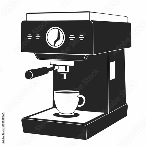 Monochrome espresso machine with cup positioned beneath dispensing head. Minimalist illustration emphasizes functional features with clean uncluttered aesthetic. Concept: coffee shop equipment, cafe