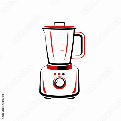 Blender depicted in stylized white with red accents. Simple retro design of kitchen appliance for smoothies and purees. Concept: juice bars, kitchenware retailers, healthy lifestyle blogs.
