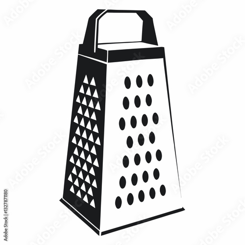 Box grater . Bold black-and-white illustration of classic kitchen grater. Perspective view with hole patterns. Concept: recipe blog, kitchen tool packaging, cooking course visuals.