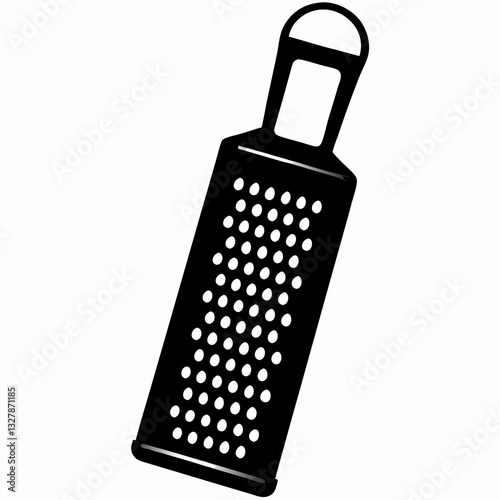 Black grater kitchen tool in silhouette style on white evokes cooking utensils and food preparation. Concept: culinary branding, kitchen equipment icons, cooking class visuals.