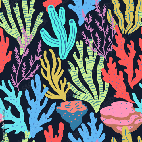 Seamless pattern with colorful sea elements, corals, seaweeds, shells and sea stars. Vector illustration.