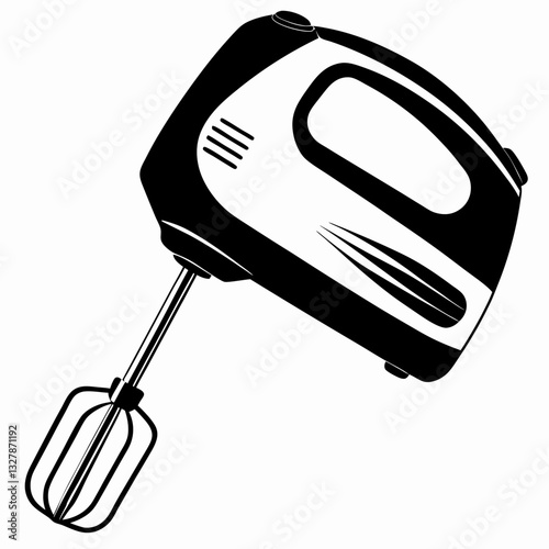 Hand mixer illustrated in retro black and white style. Common kitchen appliance used for mixing batters and doughs in home cooking. Concept: baking supply stores, recipe websites, culinary blogs.