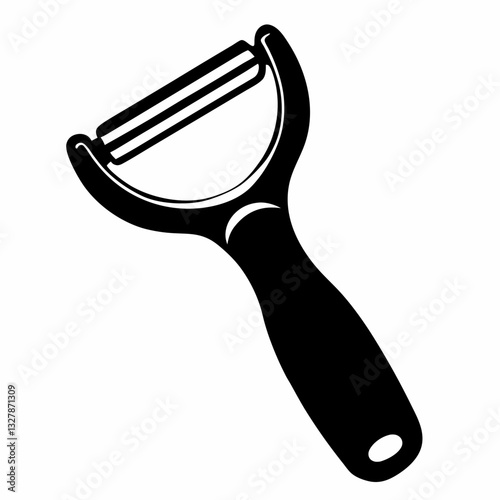 Vegetable peeler icon with ergonomic grip and curved blade in silhouette style evokes kitchen prepping. Concept: foodservice branding, cooking tools ad, kitchenware ecommerce.