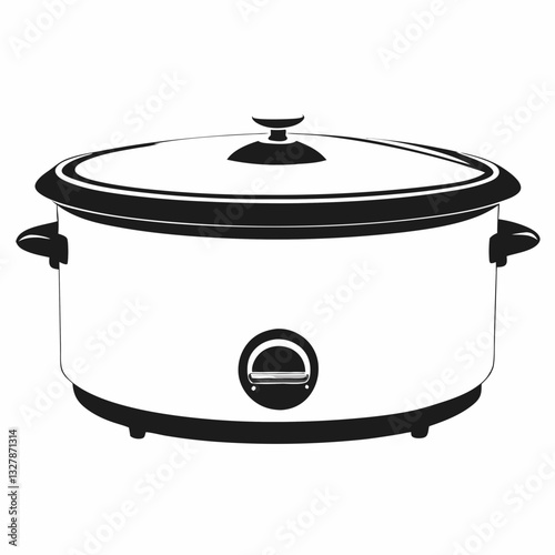 Slow cooker line drawing illustrates rounded cooking appliance with lid, handles, base in black and white. Simple kitchen device shown for easy recognition Concept cooking equipment, kitchen appliance