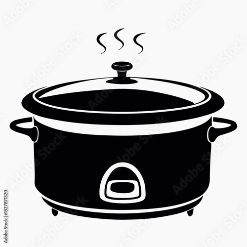 Slow cooker icon with steam rising and sealed lid evokes home comfort and hearty meals. Concept: food delivery, kitchen appliances, cooking blog assets.