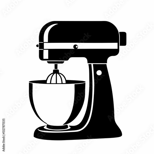 Electric mixer kitchen icon in bold silhouette style with bowl for baking and dough prep. Concept: bakery visual, cooking blog, kitchen appliance store branding.