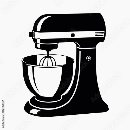 Classic stand mixer viewed from profile with bowl and whisk clearly visible. Simple black and white kitchen appliance perfect for baking instructions. Concept: bakeries, cooking schools, recipe blogs.