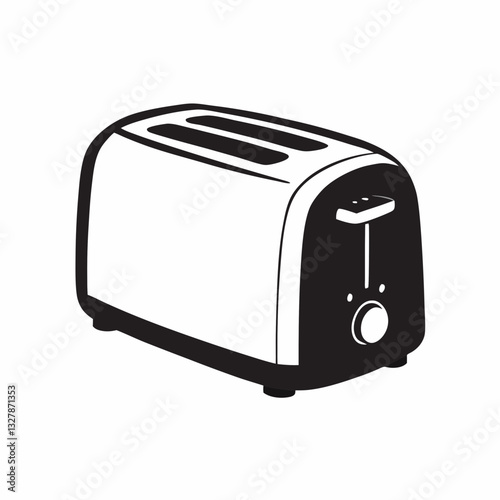 Black and white toaster illustration showcases classic two-slice design with rounded edges ,simple control knob. Minimalist kitchen appliance rendered in clean, retro style Concept kitchen equipment