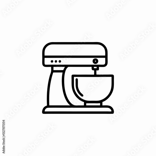 Stand mixer line drawing depicts classic baking appliance in simple black on white style Essential kitchen helper illustrated with bowl and mixing attachment Concept bakery business, cooking equipment