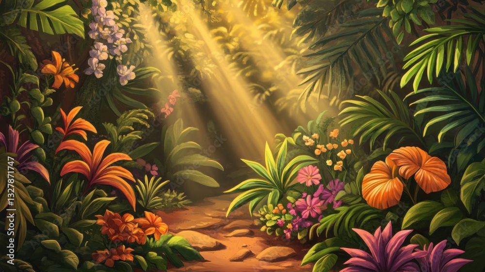 Fototapeta premium Lush Jungle Pathway with Sunlight and Colorful Tropical Foliage