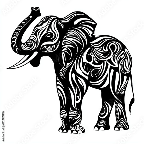Silhouette of a majestic elephant with raised trunk, intricate black lines, white background, minimalist vector art photo