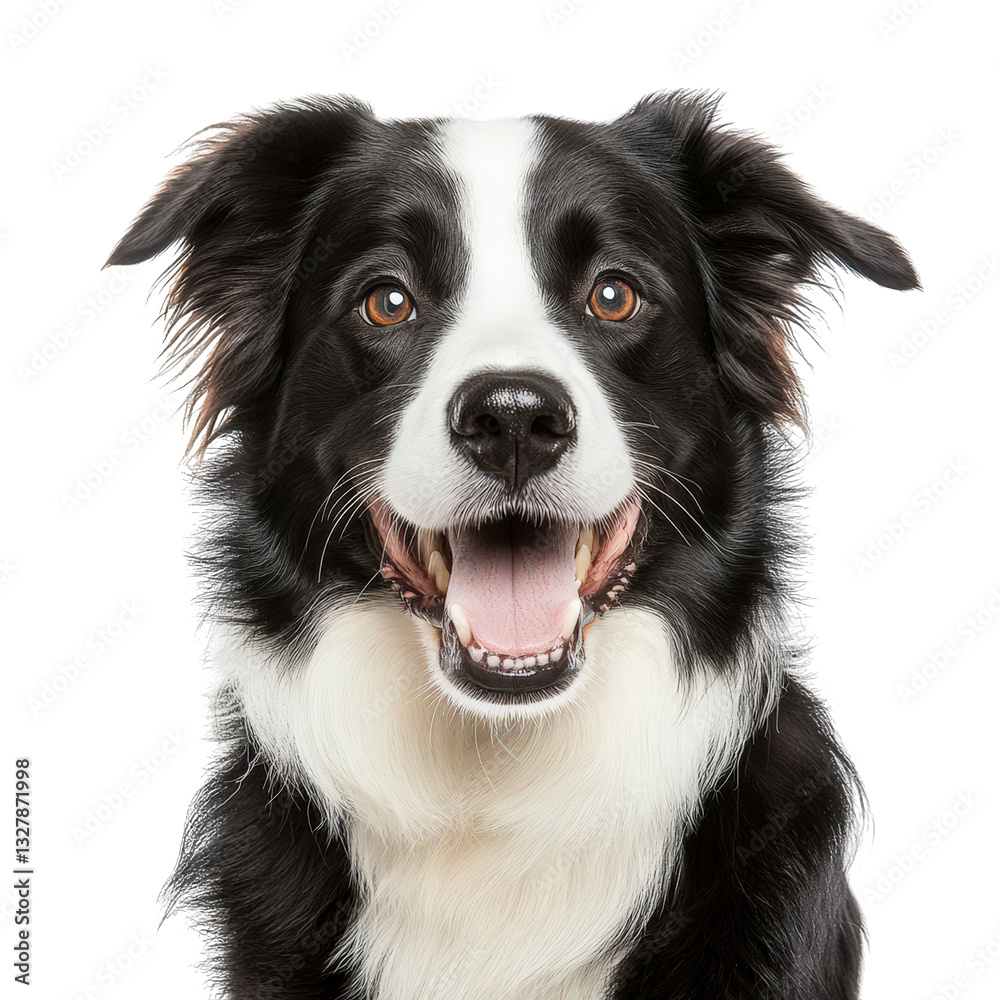 a close-up portrait of a happy black and white dog with bright eyes and a joyful expression the background is plain white emphasizing the dog's features a close-up portrait of a happy black and white dog with bright eyes and a joyful expression the background is plain white emphasizing the dog's features