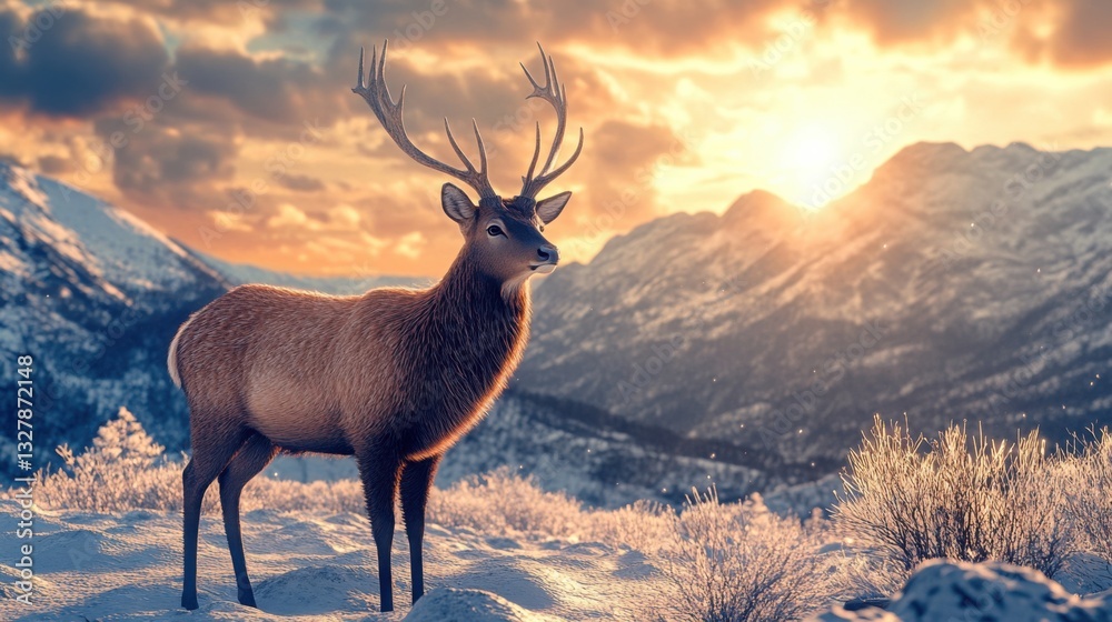 Obraz premium Majestic Deer Standing in Snowy Landscape at Sunrise with Mountains